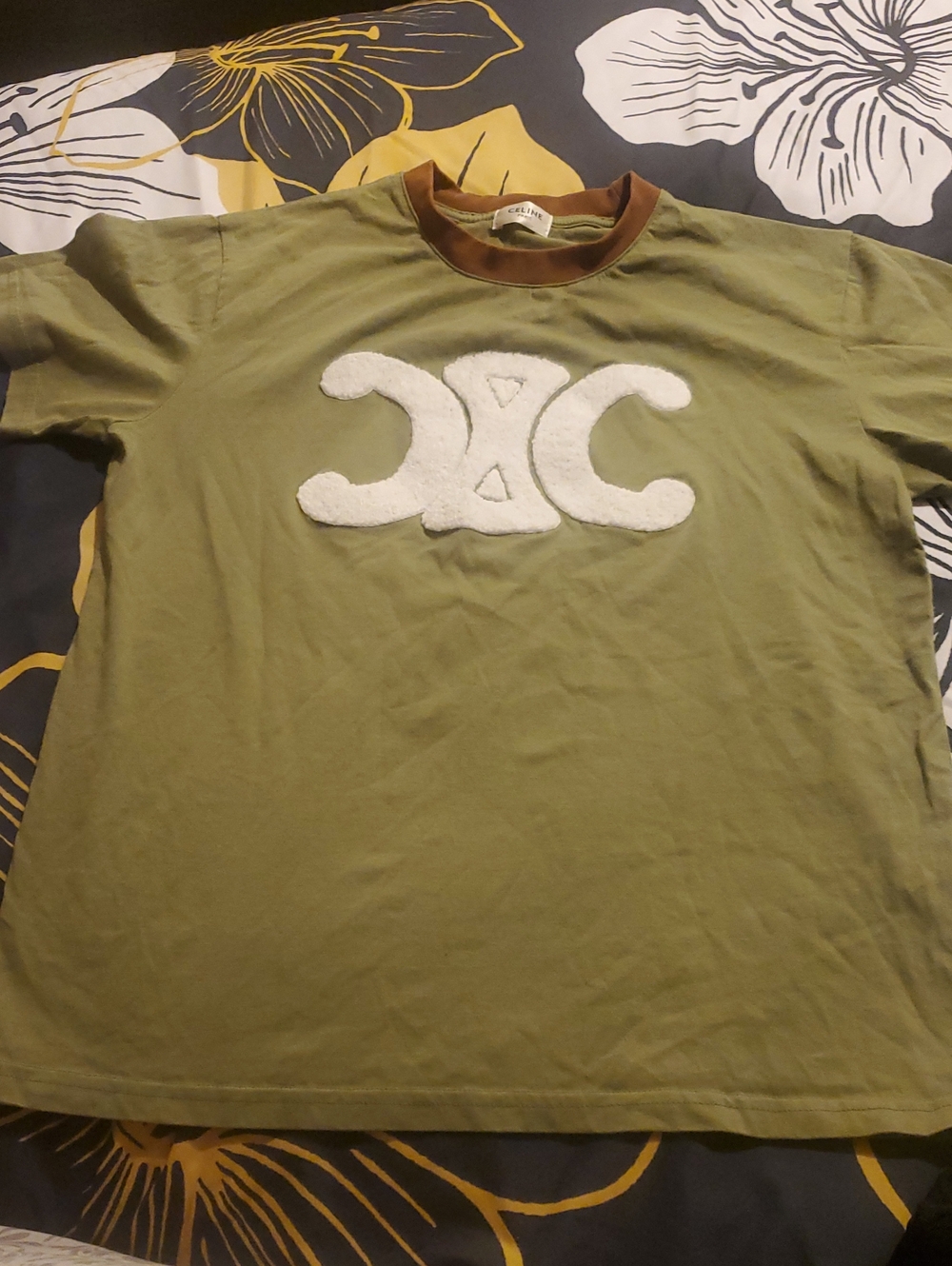 Celine Olive Green Tee with Brown Collar and White Logo